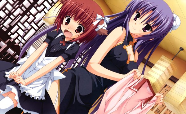 Anime picture 6982x4291 with kobuichi long hair highres short hair open mouth red eyes wide image purple eyes multiple girls animal ears absurdres cleavage purple hair red hair maid chinese clothes girl ribbon (ribbons) 2 girls apron