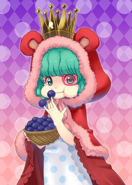 Anime picture 1000x1400 with one piece toei animation sugar (one piece) hidari kirie single tall image fringe short hair looking away aqua eyes aqua hair eating polka dot rhombus :t girl food hood cape crown