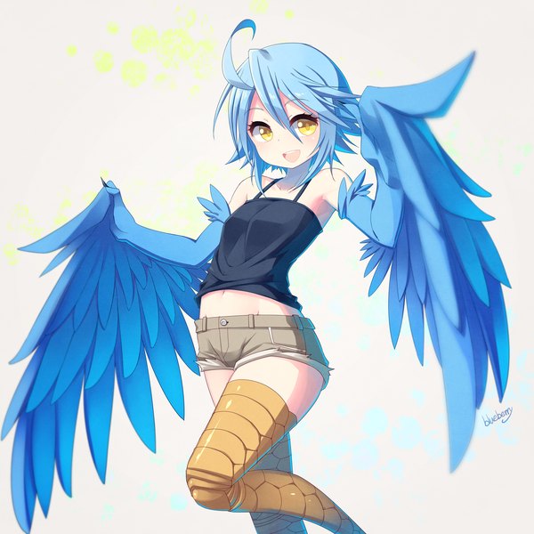 Anime picture 2000x2000 with monster musume no iru nichijou papi (monster musume) blueberry (5959) single looking at viewer fringe highres short hair open mouth simple background smile hair between eyes yellow eyes blue hair girl shorts short shorts harpy