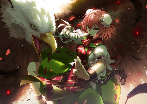 Anime picture 1920x1357 with touhou ibaraki kasen kume (touhou) bobomaster highres short hair holding pink hair traditional clothes pink eyes short sleeves mouth hold chinese clothes fighting stance girl flower (flowers) animal frills bird (birds) chain