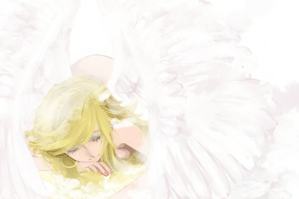 Anime picture 1200x800 with panty & stocking with garterbelt anarchy panty single long hair blonde hair simple background smile white background lying eyes closed nail polish light smile sleeping eyeshadow angel wings girl earrings wings feather (feathers)
