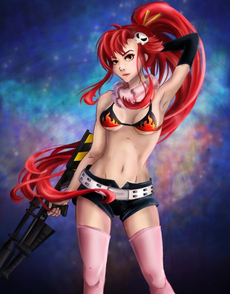 Anime picture 998x1276 with tengen toppa gurren lagann gainax yoko littner feyrise single long hair tall image breasts light erotic red eyes holding looking away ponytail red hair lips armpit (armpits) midriff zettai ryouiki groin girl