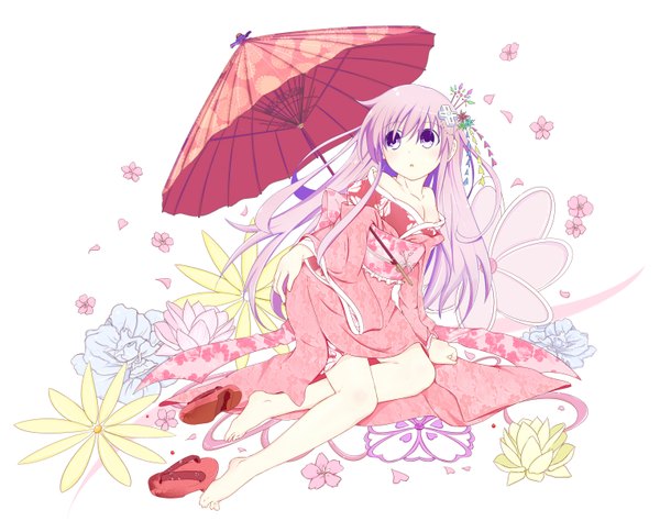 Anime picture 3050x2410 with choujigen game neptune nepgear single long hair highres sitting purple eyes looking away pink hair absurdres traditional clothes japanese clothes barefoot hair flower girl hair ornament flower (flowers) kimono hairclip umbrella