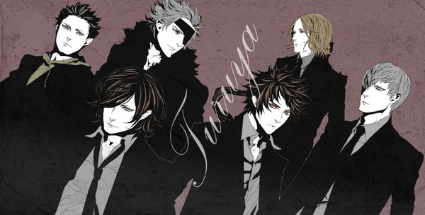 Anime picture 1300x659 with sengoku basara production i.g date masamune sanada yukimura motochika chousokabe mitsunari ishida motonari mouri tokugawa ieyasu npn short hair black hair brown hair wide image brown eyes yellow eyes ponytail grey hair grey eyes monochrome group