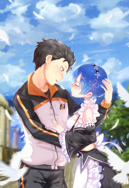 Anime picture 2398x3489 with re:zero kara hajimeru isekai seikatsu white fox rem (re:zero) natsuki subaru wucun (newli) tall image blush fringe highres breasts open mouth black hair standing blue hair sky cloud (clouds) upper body eyes closed head tilt black eyes