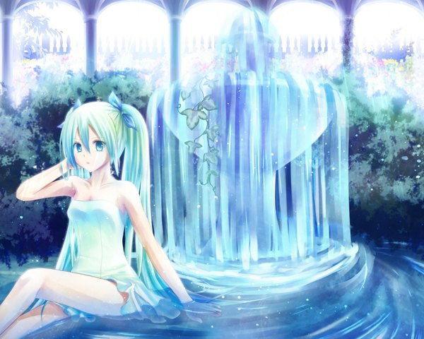 Anime picture 1600x1280 with vocaloid hatsune miku single long hair looking at viewer open mouth sitting twintails bare shoulders aqua eyes aqua hair girl hair ornament ribbon (ribbons) hair ribbon water fountain