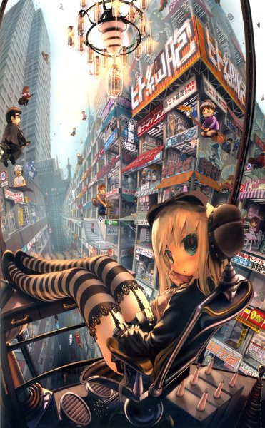Anime picture 1200x1938 with original electric lola john hathway tall image blush sitting lying looking back legs city girl thighhighs dress bow hair bow miniskirt pantyhose window headphones building (buildings)