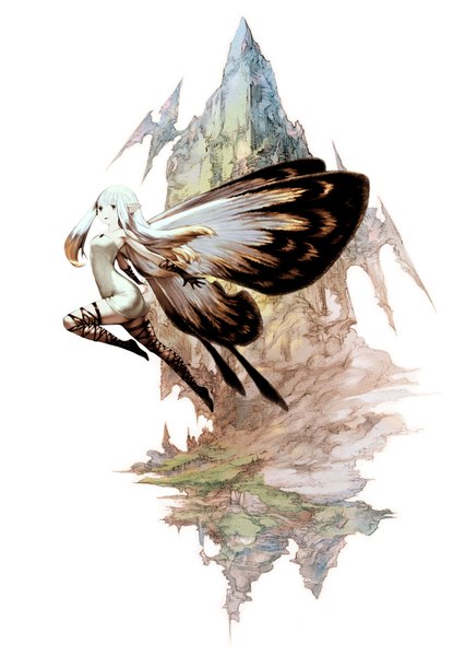 Anime picture 2801x4052 with bravely default: flying fairy aerie (bravely default) yoshida akihiko single tall image looking at viewer highres black hair white background cloud (clouds) white hair pointy ears spread arms mountain flying landscape arched back insect wings butterfly wings fairy