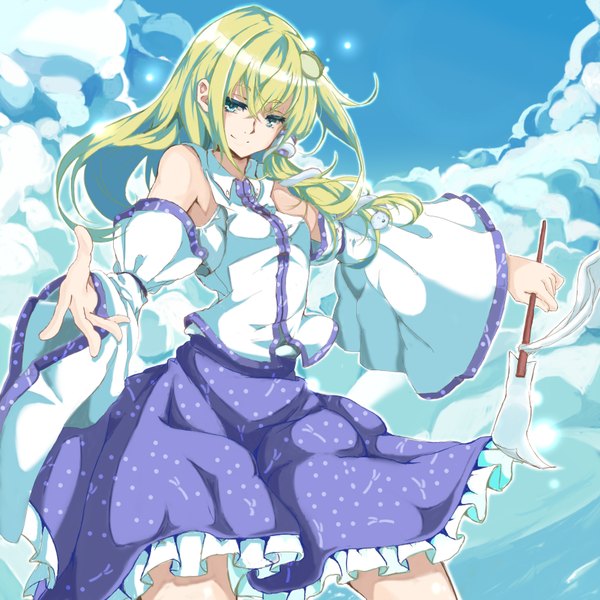 Anime picture 1708x1708 with touhou kochiya sanae naga1047 single long hair looking at viewer highres blue eyes smile sky cloud (clouds) green hair spread arms girl detached sleeves gohei