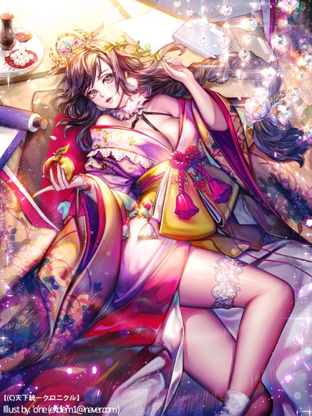 Anime picture 700x933 with tenka touitsu chronicle 'o'ne (ekdlem1) single long hair tall image looking at viewer blush fringe breasts light erotic large breasts bare shoulders holding brown eyes signed cleavage bent knee (knees) lying braid (braids) traditional clothes