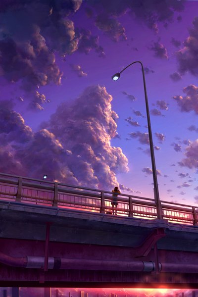Anime picture 733x1100 with original kaitan single tall image sky cloud (clouds) city scenic girl school bag fence bridge lamppost