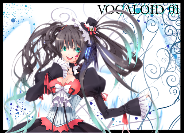 Anime picture 1814x1315 with vocaloid hatsune miku kyougoku touya single long hair highres open mouth black hair twintails multicolored hair aqua eyes girl dress hat headphones