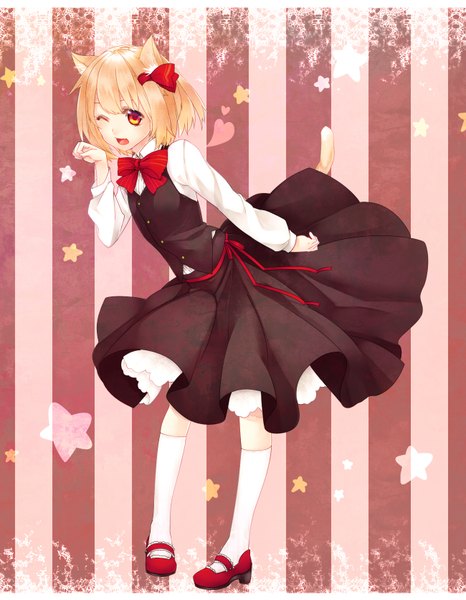 Anime picture 1300x1671 with touhou rumia yutazou tall image short hair open mouth blonde hair red eyes animal ears one eye closed wink striped background girl dress socks heart star (symbol) white socks