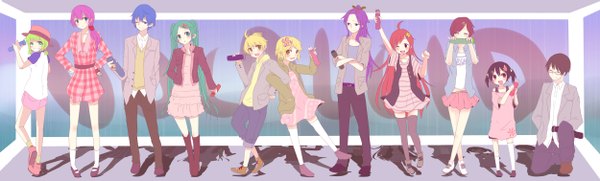 Anime picture 2500x756 with vocaloid hatsune miku megurine luka kagamine rin kagamine len gumi kaito (vocaloid) meiko kamui gakupo miki (vocaloid) kaai yuki hiyama kiyoteru punpun (artist) long hair blush highres short hair open mouth black hair blonde hair