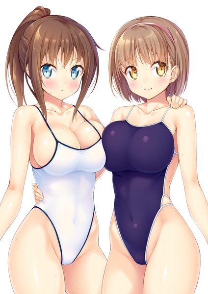 Anime picture 849x1200 with original ichi makoto long hair tall image blush short hair breasts blue eyes light erotic simple background smile brown hair large breasts white background bare shoulders multiple girls brown eyes ponytail parted lips breast press