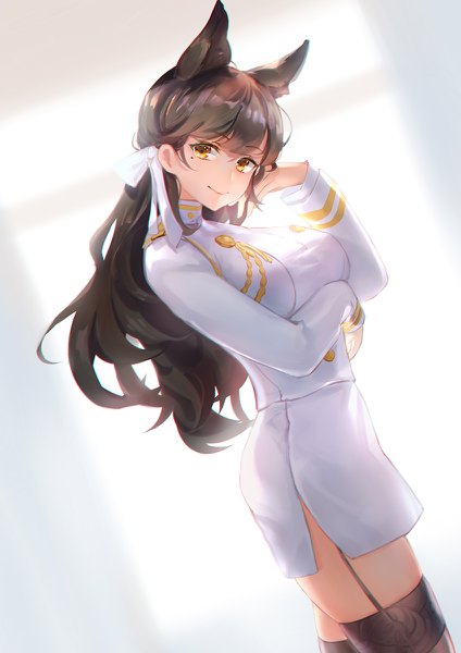 Anime picture 848x1200 with azur lane atago (azur lane) asanogawa (tutufcc) single long hair tall image looking at viewer fringe black hair standing animal ears yellow eyes mole dutch angle mole under eye side slit breast hold extra ears hand on cheek military