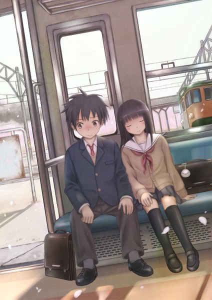 Anime picture 1190x1683 with original taka (tsmix) long hair tall image blush short hair black hair sitting brown eyes eyes closed couple sleeping girl boy uniform school uniform petals socks black socks train