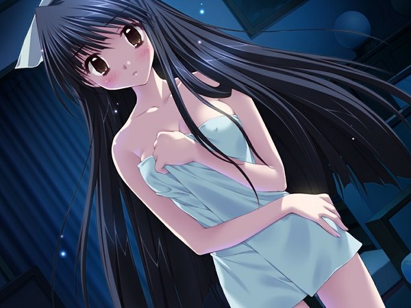 Anime picture 1024x768 with tama tama - tonari no kanojo wa seiyuu no tamago long hair light erotic black hair brown eyes game cg naked towel girl towel