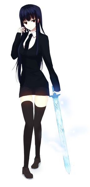 Anime picture 1920x3984 with original akai ringo (eveyuno) single long hair tall image looking at viewer fringe highres black hair red eyes standing holding poorly drawn girl thighhighs uniform weapon black thighhighs sword necktie