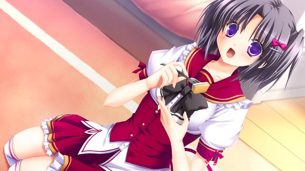 Anime picture 1024x576 with fortuna rhapsody blush short hair open mouth black hair wide image purple eyes game cg girl uniform bow hair bow school uniform food bowtie