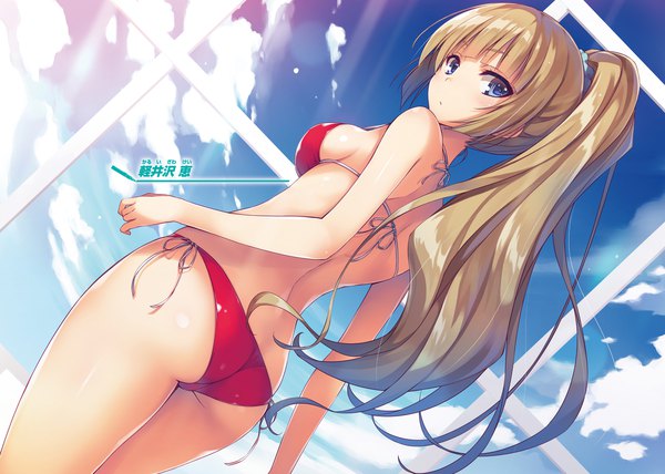 Anime picture 2238x1600 with youkoso jitsuryoku shijou shugi no kyoushitsu e karuizawa kei tomose shunsaku single long hair fringe highres breasts blue eyes light erotic brown hair standing payot sky cloud (clouds) ass ponytail looking back from behind sunlight