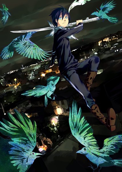 Anime picture 2480x3496 with noragami studio bones yato (noragami) kirin single tall image looking at viewer fringe highres short hair blue eyes blue hair night city cityscape flying weightlessness animal eyes boy weapon