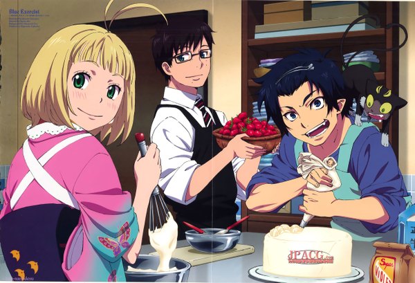 Anime picture 2560x1746 with ao no exorcist a-1 pictures okumura rin okumura yukio moriyama shiemi kuro (ao no exorcist) blush highres short hair open mouth blue eyes black hair blonde hair smile multiple girls green eyes blue hair japanese clothes pointy ears scan