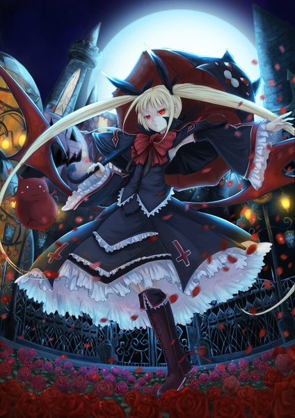 Anime picture 1240x1754 with blazblue rachel alucard gii nago ks long hair tall image blonde hair red eyes twintails night loli girl skirt flower (flowers) bow wings rose (roses) moon umbrella