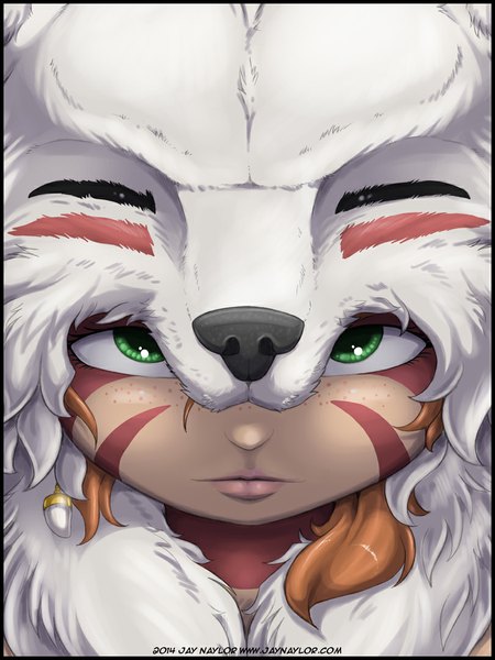 Anime picture 810x1080 with mononoke hime studio ghibli san jaynaylor single tall image looking at viewer green eyes text face paint freckles girl earrings hood