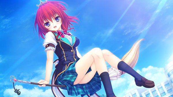 Anime picture 1280x720 with magicalic sky high mikagami mamizu looking at viewer blush short hair open mouth blue eyes wide image game cg sky cloud (clouds) red hair flying girl skirt uniform school uniform socks black socks broom