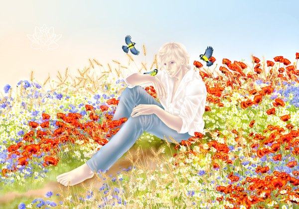 Anime picture 3543x2480 with axis powers hetalia studio deen russia (hetalia) yaroslavapanina single highres short hair blonde hair sitting purple eyes absurdres sky barefoot open clothes open shirt partially open clothes field boy flower (flowers) plant (plants)