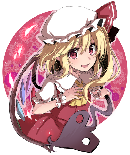 Anime picture 673x800 with touhou flandre scarlet asa (coco) single long hair tall image looking at viewer blush fringe open mouth blonde hair hair between eyes red eyes upper body :d from above one side up girl weapon wings