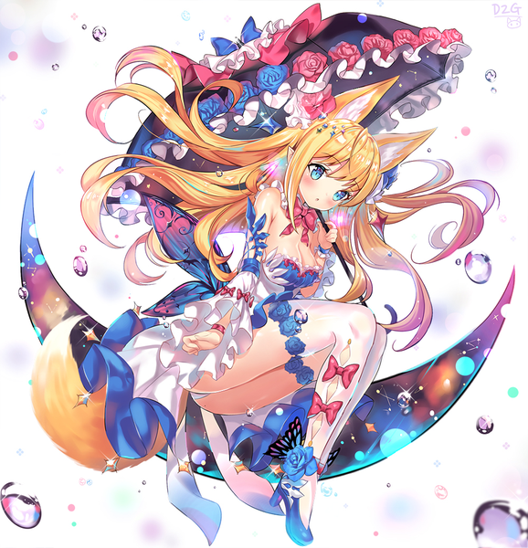 Anime picture 1000x1037 with original ttaji (pass35) single long hair tall image blush fringe blue eyes light erotic blonde hair simple background white background holding signed animal ears pink hair cleavage full body tail animal tail