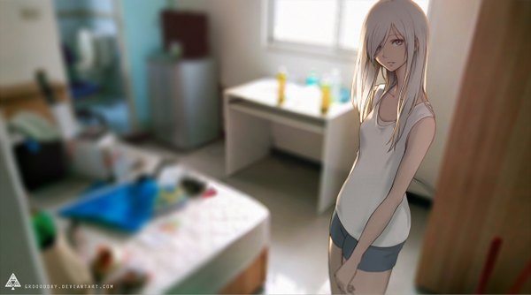 Anime picture 1366x761 with original oopartz (grooooovy) single long hair looking at viewer fringe wide image standing signed white hair indoors pink eyes light smile from above blurry hair over one eye realistic girl shorts window