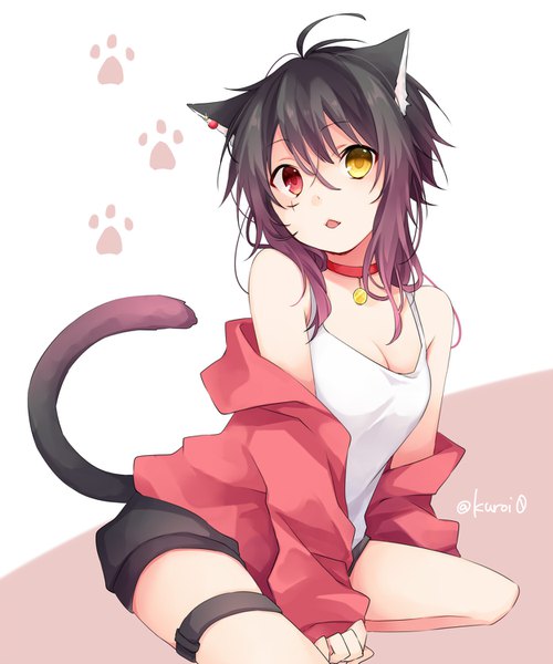 Anime picture 1250x1500 with original kuroi (liar-player) single long hair tall image fringe open mouth black hair simple background hair between eyes red eyes sitting bare shoulders signed animal ears yellow eyes ahoge tail animal tail cat ears