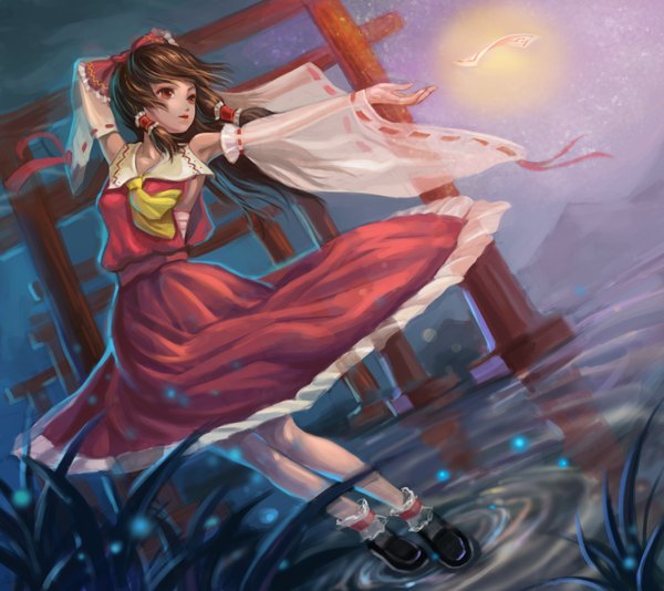 Anime picture 1800x1604 with touhou hakurei reimu dropbird single long hair highres red eyes brown hair full body miko girl skirt bow hair bow detached sleeves skirt set torii ofuda