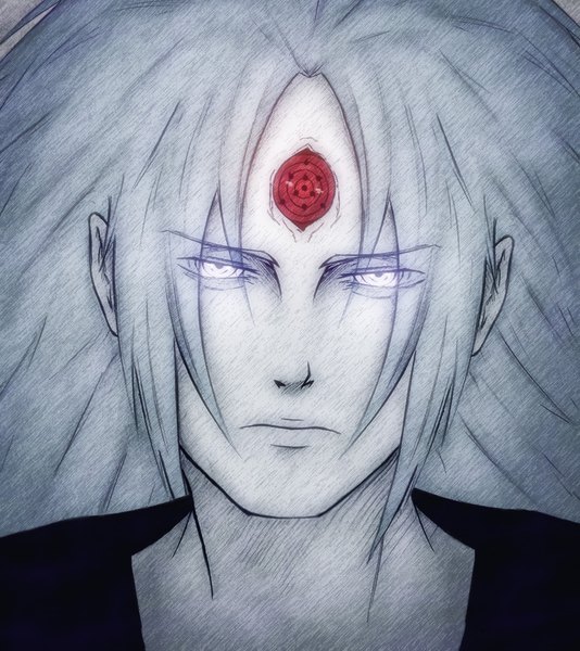 Anime picture 966x1086 with naruto studio pierrot naruto (series) uchiha madara anvmadara single long hair tall image looking at viewer red eyes grey hair portrait sharingan rinnegan god boy third eye