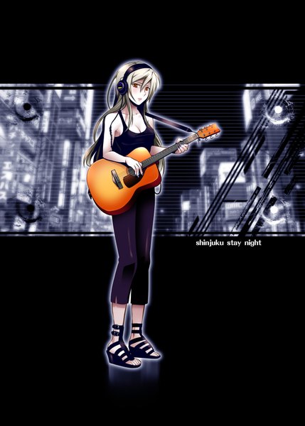 Anime picture 1295x1812 with vocaloid yowane haku caffein single long hair tall image red eyes bare shoulders silver hair nail polish girl headphones guitar