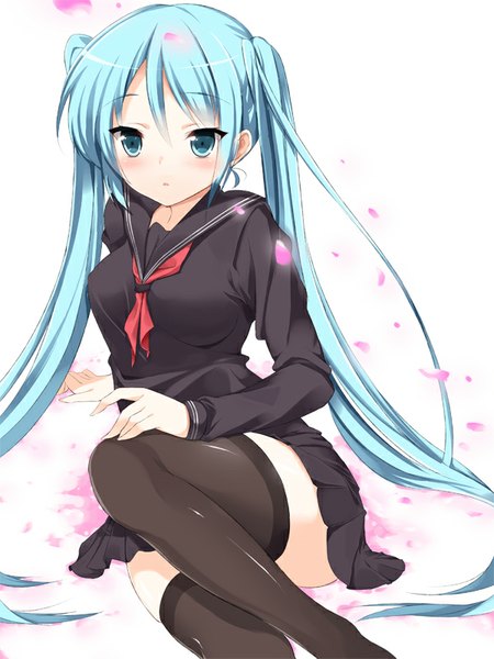 Anime picture 600x800 with vocaloid hatsune miku kawauchi (kaz7ry) single tall image looking at viewer blush fringe breasts twintails bent knee (knees) very long hair pleated skirt aqua eyes aqua hair arm support reclining girl thighhighs skirt