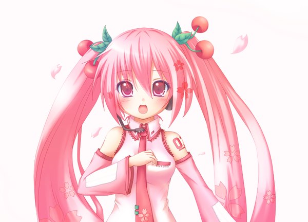 Anime picture 1654x1193 with vocaloid hatsune miku sakura miku kuena single long hair open mouth simple background white background twintails pink hair pink eyes girl detached sleeves petals necktie food headphones berry (berries) cherry