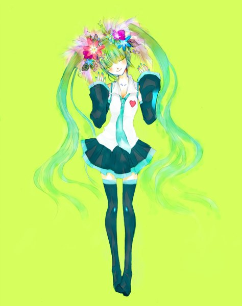 Anime picture 1024x1296 with vocaloid hatsune miku nekono mimiko (fleur-de-lis) single long hair tall image blush smile twintails bare shoulders full body eyes closed very long hair nail polish hair flower green background heart print girl thighhighs skirt