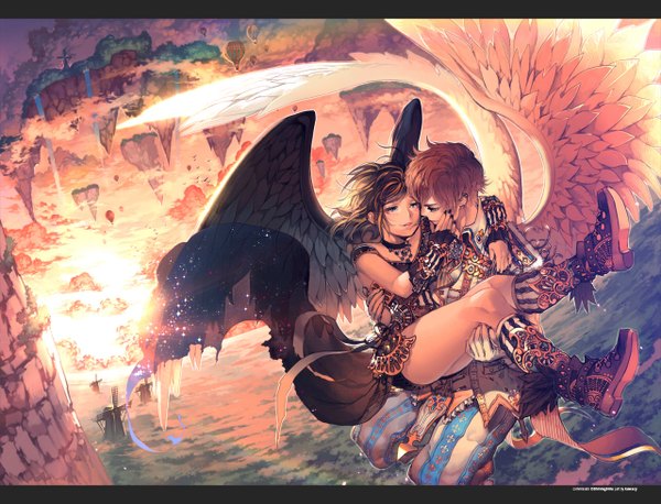 Anime picture 1280x978 with original kawacy short hair light erotic brown hair holding sky cloud (clouds) sunlight couple hug flying angel wings face to face black wings white wings carrying princess carry floating island girl