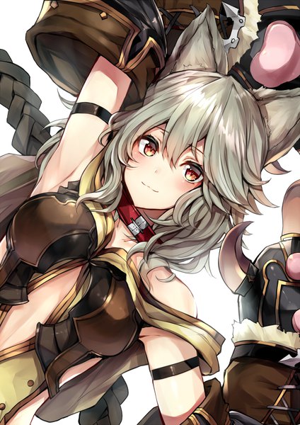 Anime picture 1012x1432 with granblue fantasy sen (granblue fantasy) watao single long hair tall image looking at viewer blush fringe breasts simple background smile hair between eyes red eyes white background bare shoulders animal ears light smile grey hair armpit (armpits)