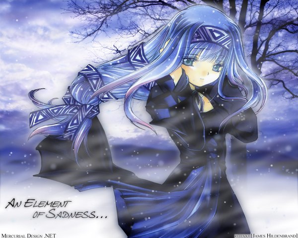 Anime picture 1280x1024 with erementar gerad reverie metherlence james hildenbrand (redxxii) azuma mayumi single long hair looking at viewer fringe blue eyes standing signed blue hair wind wallpaper snowing winter blue background third-party edit bare tree girl