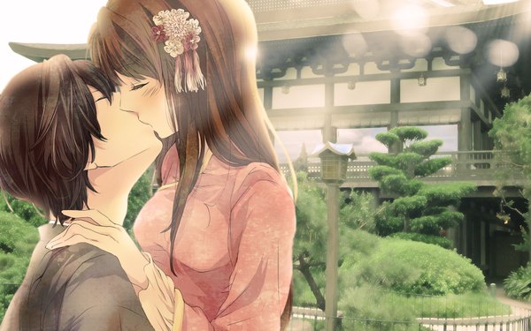 Anime picture 1920x1200 with axis powers hetalia studio deen japan (hetalia) taiwan (hetalia) tagme (artist) long hair blush fringe highres short hair breasts black hair brown hair eyes closed traditional clothes sunlight kiss hand on another's shoulder girl boy