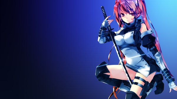 Anime picture 3840x2160 with original assassinwarrior refeia single long hair looking at viewer fringe highres breasts light erotic simple background hair between eyes wide image large breasts sitting twintails holding pink hair absurdres long sleeves
