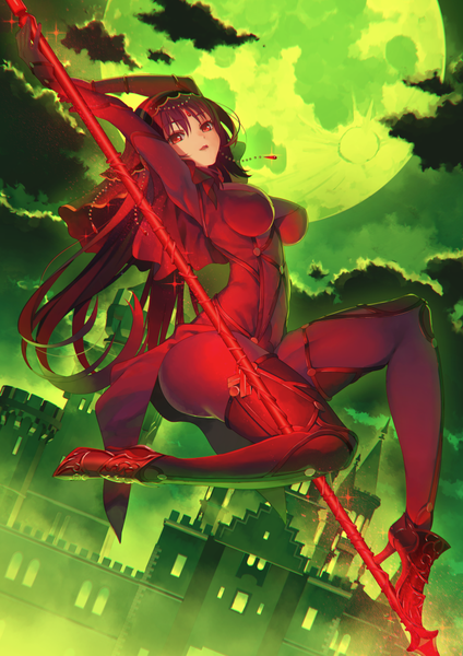 Anime picture 723x1023 with fate (series) fate/grand order scathach (fate) (all) scathach (fate) nagareboshi single long hair tall image breasts open mouth light erotic red eyes sky purple hair cloud (clouds) girl weapon moon bodysuit spear