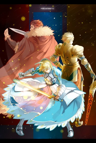 Anime picture 2677x3954 with fate (series) fate/zero type-moon artoria pendragon (all) saber gilgamesh (fate) rider (fate/zero) nine (liuyuhao1992) tall image looking at viewer highres short hair blonde hair ahoge red hair eyes closed profile looking back from behind hand on hip