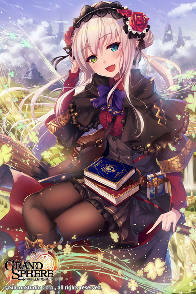 Anime picture 700x1050 with grand sphere fukai ryosuke single long hair tall image looking at viewer blush open mouth smile white hair pointy ears heterochromia crossed legs girl dress flower (flowers) bow pantyhose boots black pantyhose