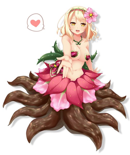 Anime picture 1000x1196 with original ringo yuyu single tall image looking at viewer blush short hair breasts open mouth light erotic blonde hair smile large breasts white background yellow eyes hair flower monster girl girl navel hair ornament